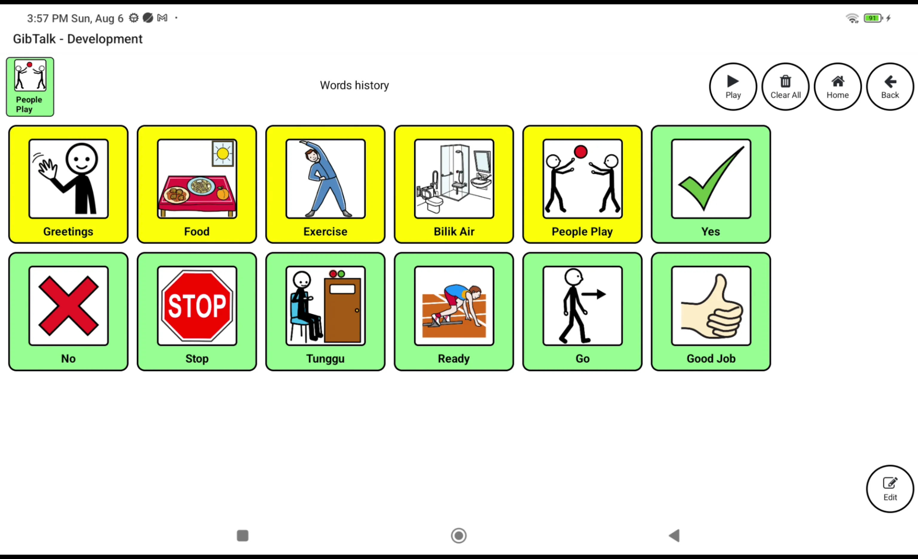 GibTalk on a tablet: a grid of picture tiles such as Greetings, Food, Exercise, Yes, No, Stop and Good Job